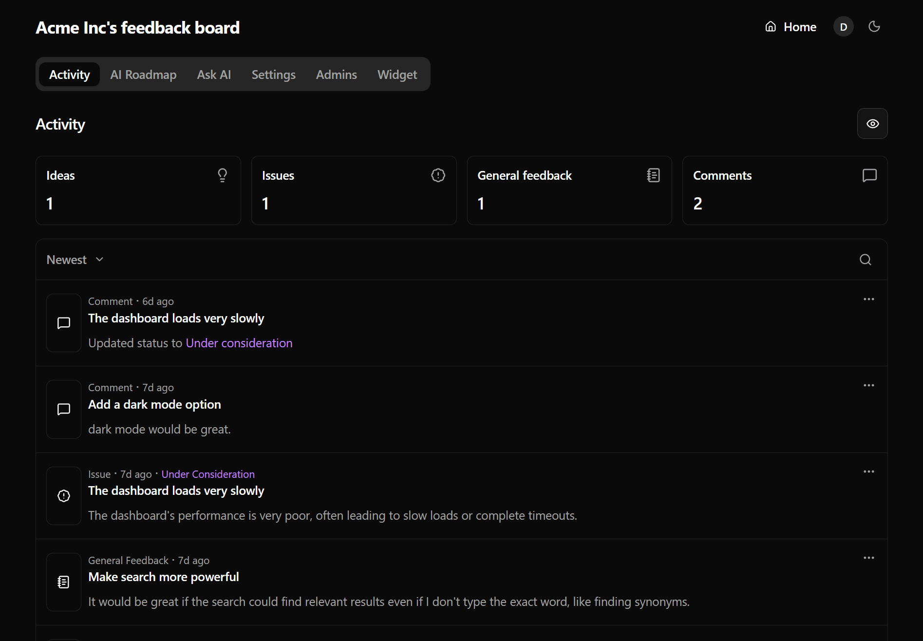 Feedbackland admin dashboard with filterable feedback posts, upvotes, comments, and status tags