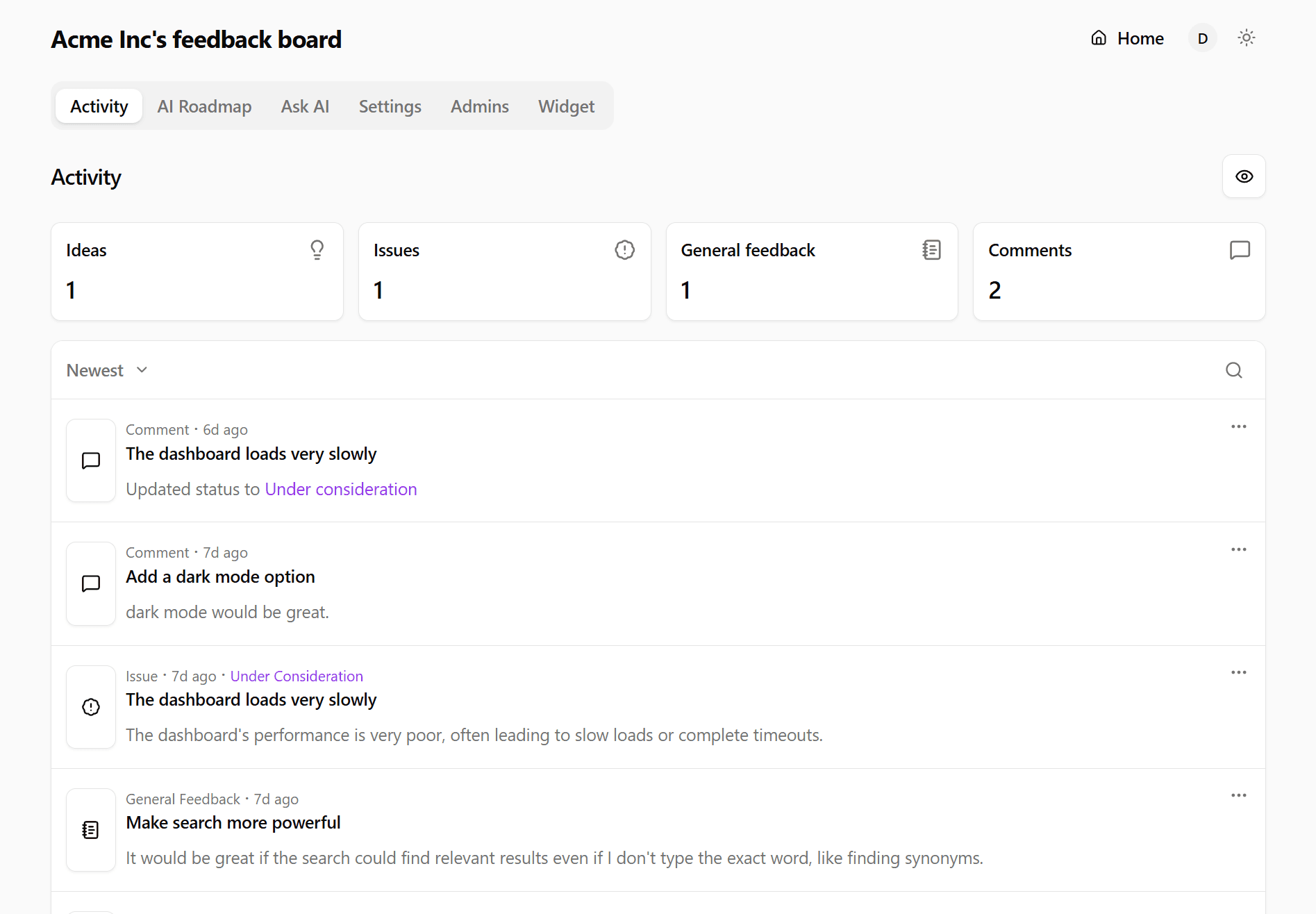 Feedbackland admin dashboard with filterable feedback posts, upvotes, comments, and status tags