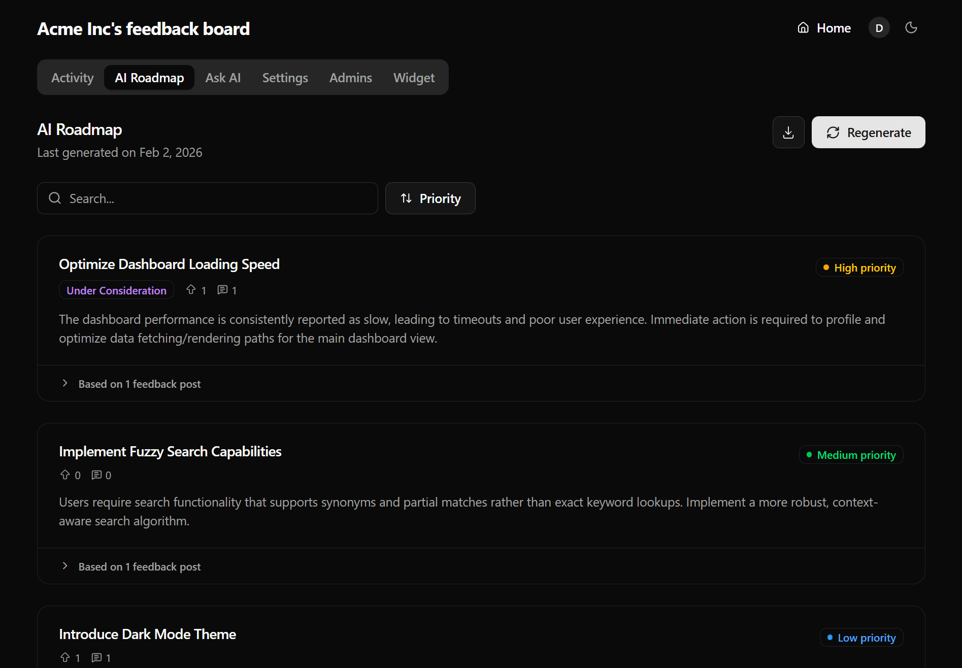 Feedbackland AI-generated product roadmap clustering duplicate user feedback into ranked themes