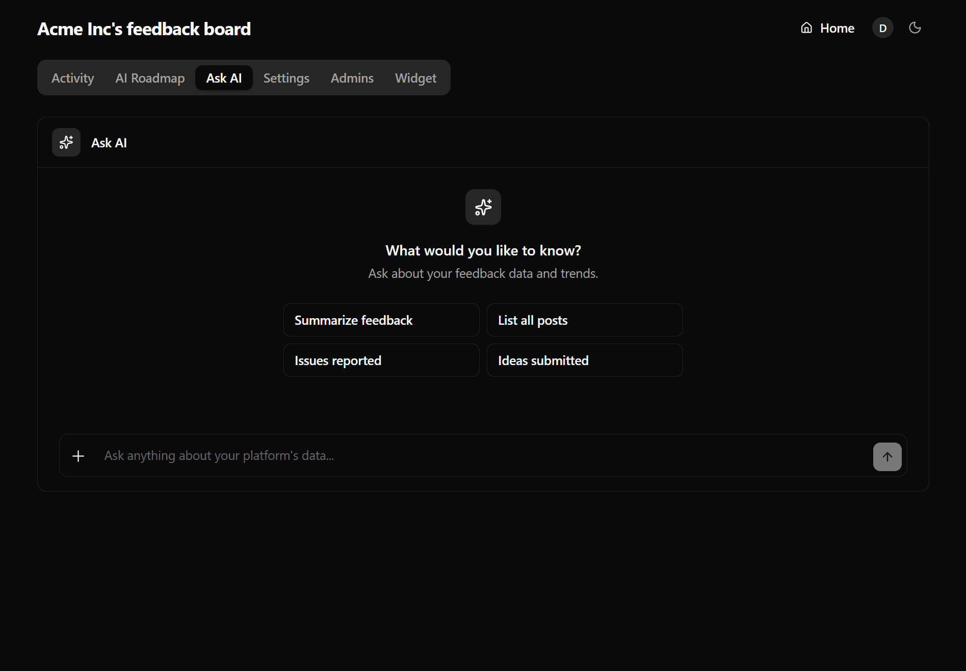 Feedbackland Ask AI interface answering plain-English questions about user feedback trends