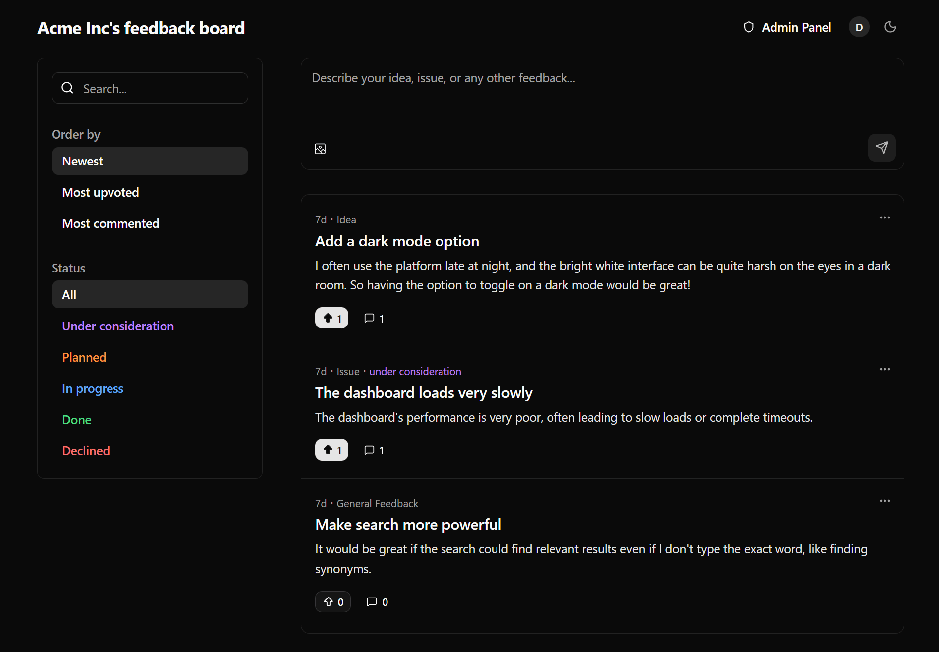 Feedbackland — Public feedback board with upvoting and AI categorization