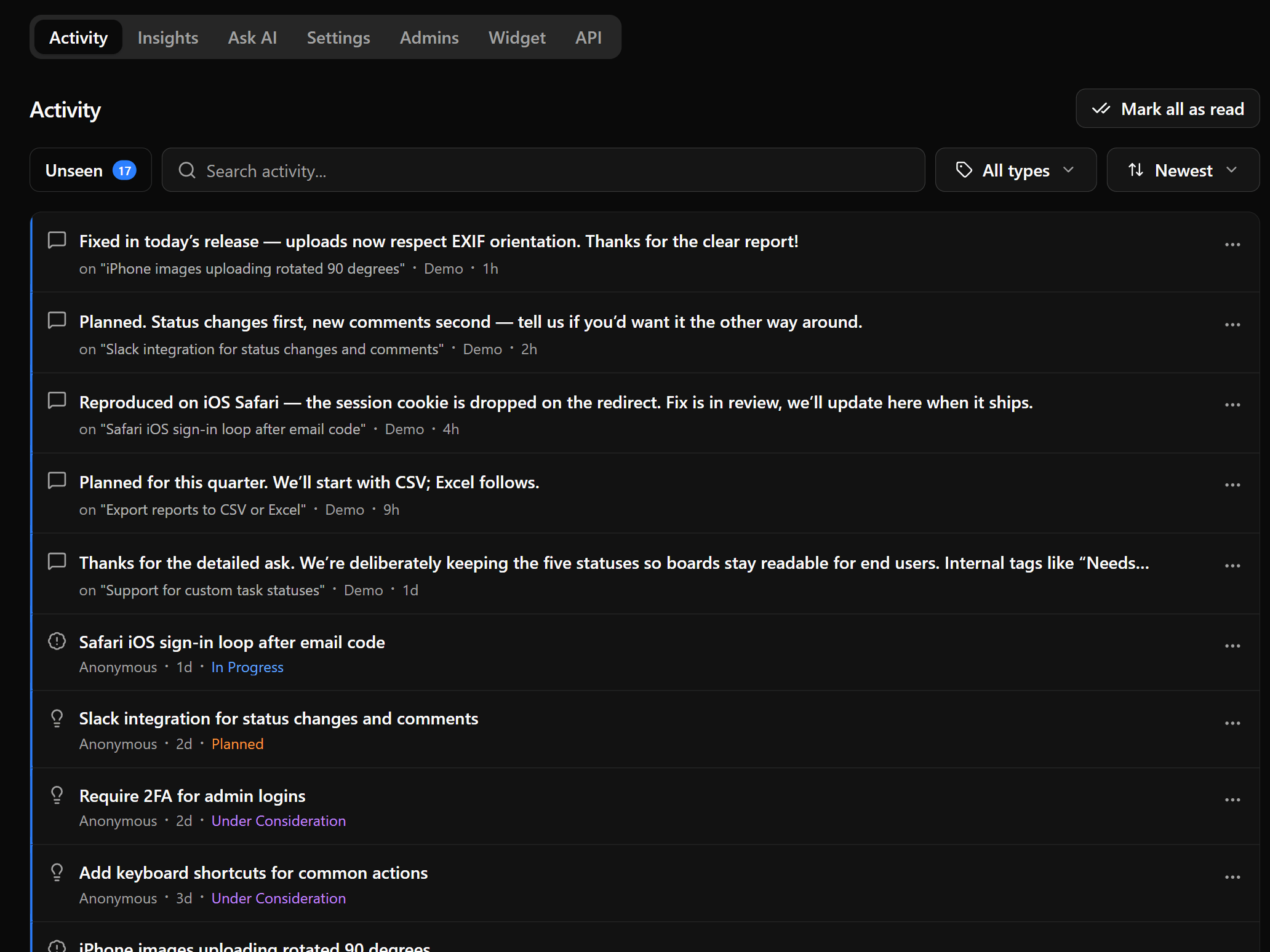 Feedbackland Activity: an unseen counter, search and type filters, and a feed of admin replies and new posts with their statuses