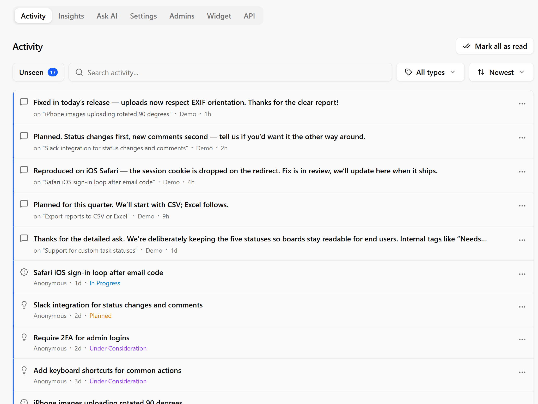 Feedbackland Activity: an unseen counter, search and type filters, and a feed of admin replies and new posts with their statuses
